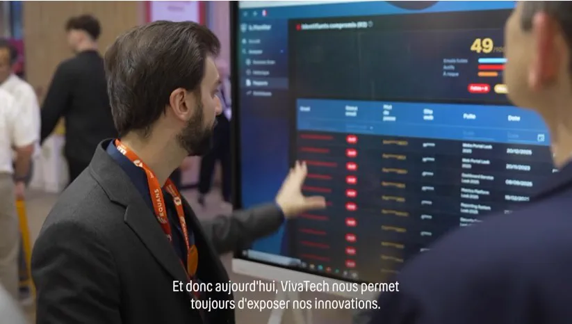 VivaTech 2026 - demonstrating the Cyber Monitor OSINT dashboard on the booth